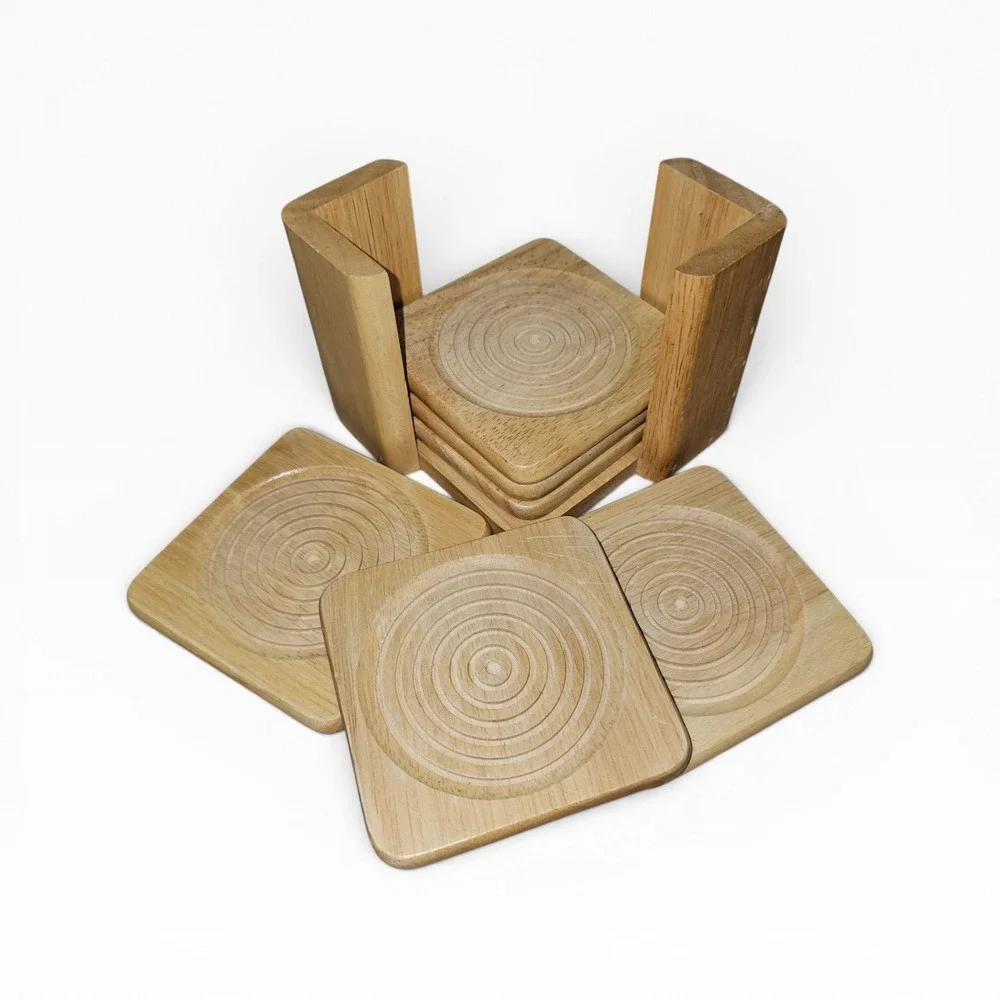Coaster Set Brown Good Carved Wood Concentric Circles 6pc with Holder